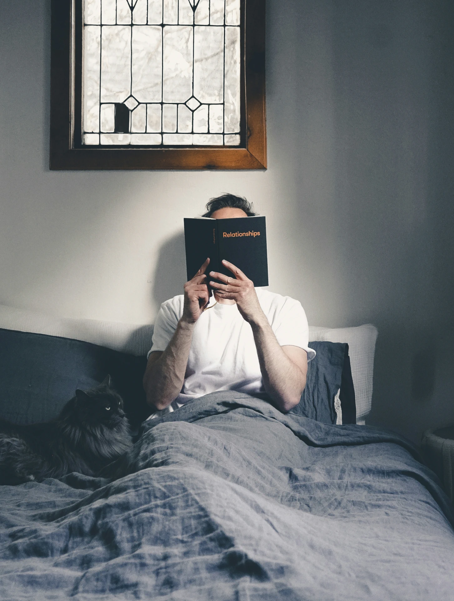 A man reading a book with a black cat